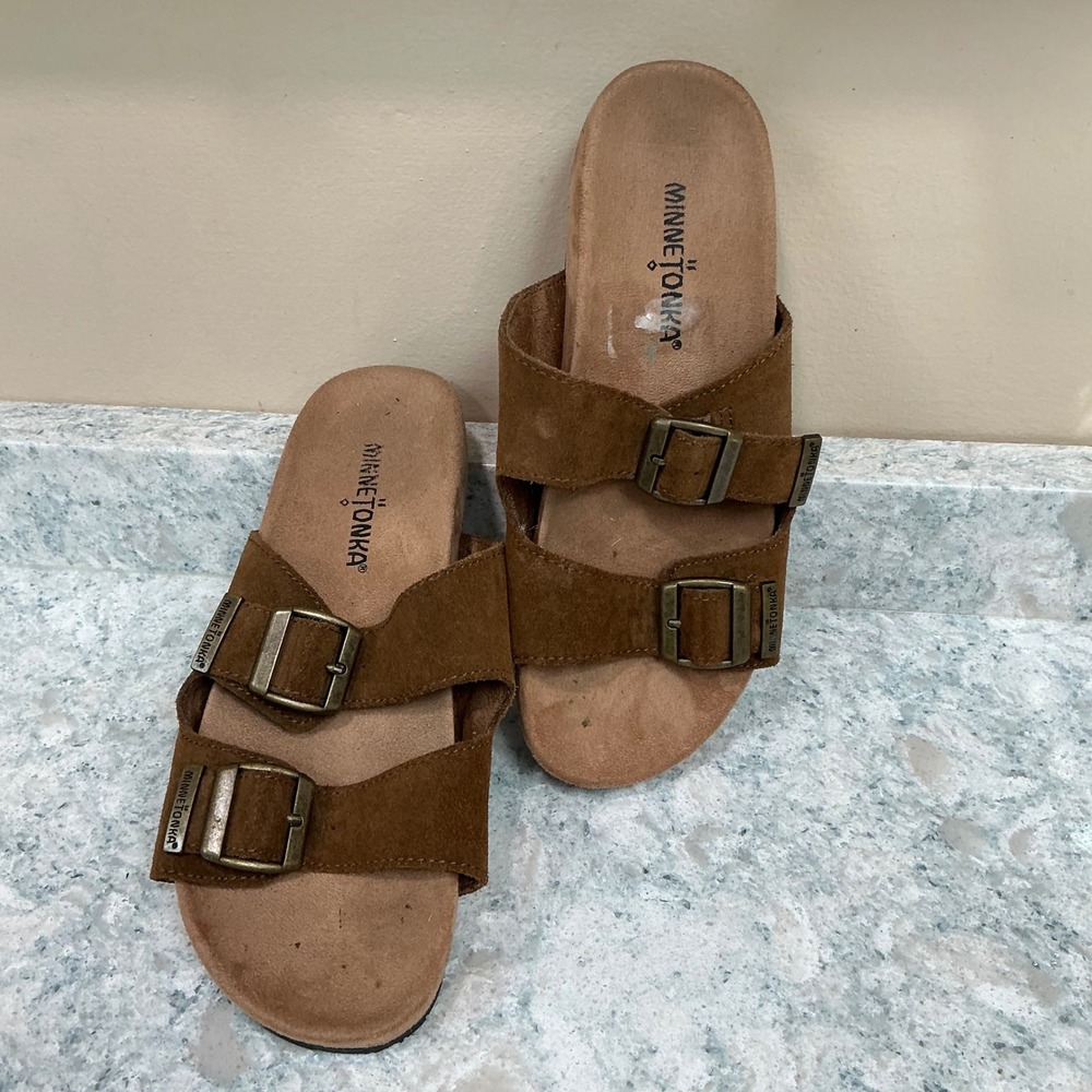 Minnetonka Slide Sandals 74000 DST Size 6 Brown Suede Double Buckle Strap Women